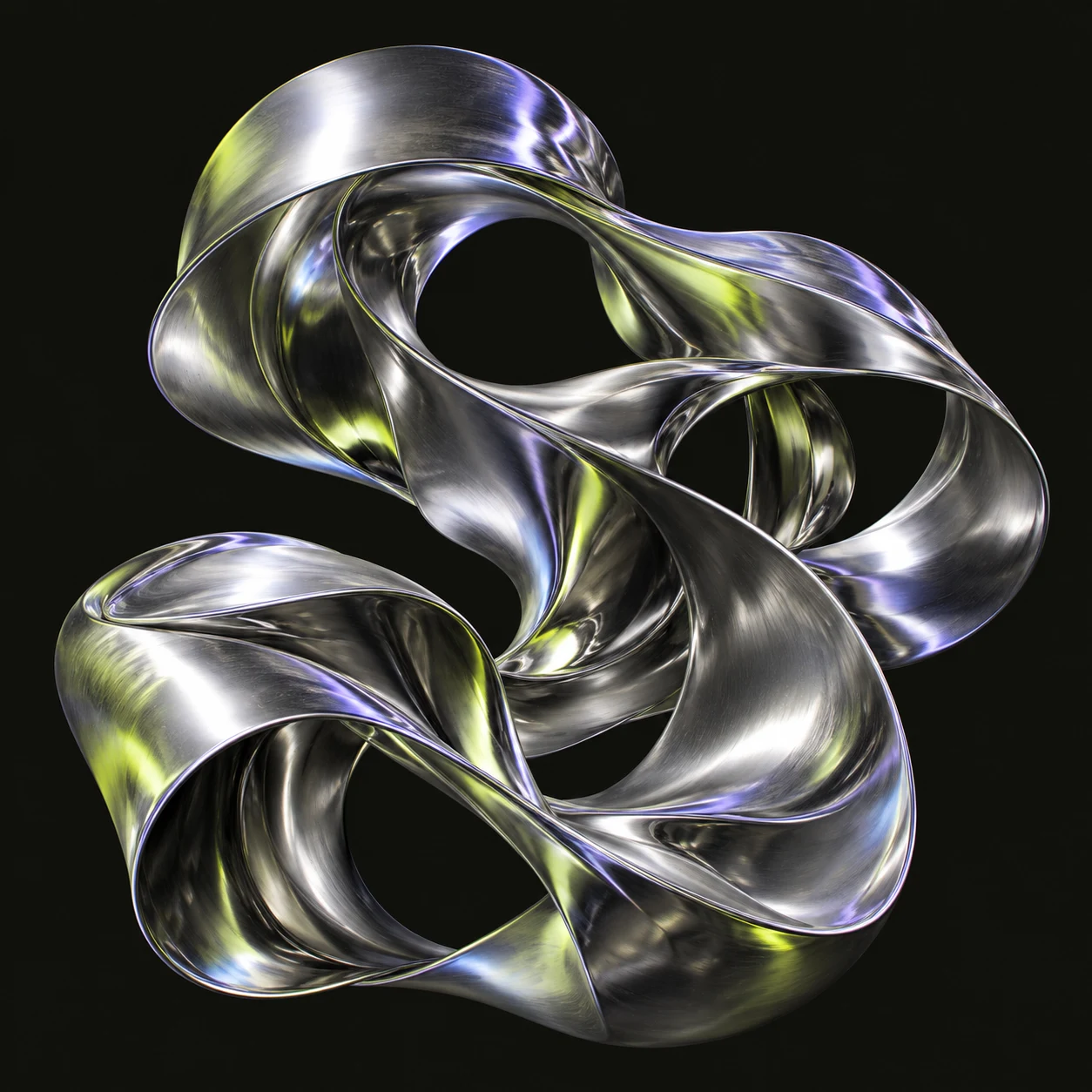 Een sculpturale chroomlintvorm met reflecties van lime en lavendel